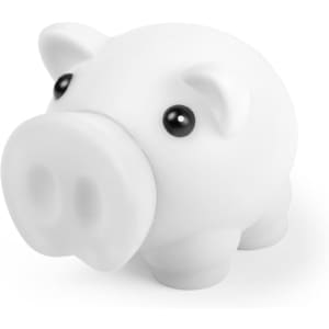 A white piggy bank with black eyes and a round, soft appearance, featuring a simple, cute design.