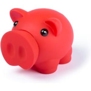 A red pig-shaped money box with black eyes, crafted from a smooth material. It has a rounded body and small ears.