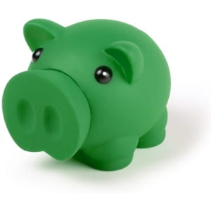 A green piggy bank with black eyes and a rounded shape, featuring a minimalist design.