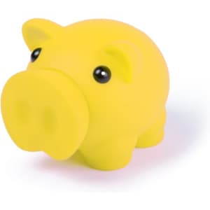 A bright yellow piggy bank with black eyes, featuring a cute, rounded design. It has a logo on its surface.