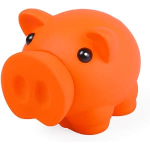 An orange rubber piggy bank with large black eyes and a glossy finish, featuring a rounded body and small legs.