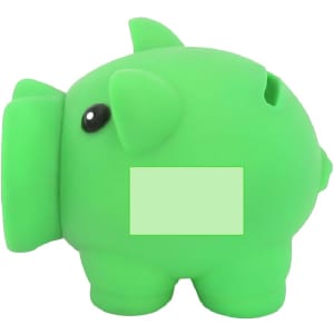 A green piggy bank shaped like a pig, featuring black eyes and a slot for inserting coins, with a blank area on its side.