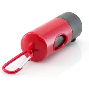 A red and black waste bag dispenser with a carabiner clip for easy attachment. Contains a roll of waste bags inside.