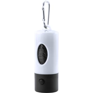A white and black waste bag dispenser with a carabiner hook, featuring a transparent window for easy access.
