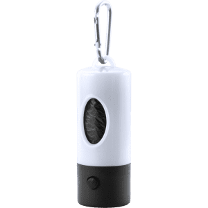 A cylindrical white and black waste bag dispenser with a carabiner clip and a viewing window.