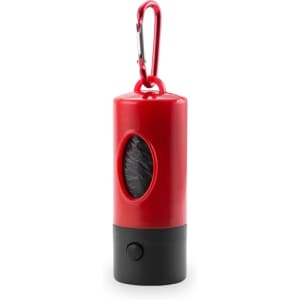 A red and black waste bag dispenser featuring a carabiner clip for attachment. It has an oval opening for easy access.