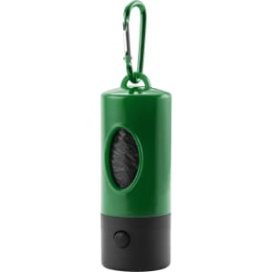 A green and black waste bag dispenser with a carabiner clip, featuring a window showing the waste bags inside.