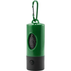A green and black waste bag dispenser with a carabiner clip, featuring a viewing window for bag visibility.