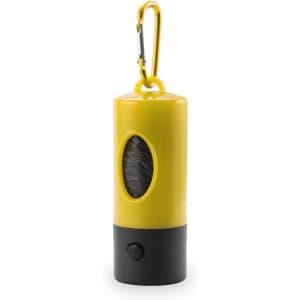 A yellow and black waste bag dispenser with a carabiner for easy attachment. It has a circular opening to access bags.