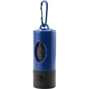 A blue and black waste bag dispenser with a carabiner clip, featuring a transparent window showing the bags inside.
