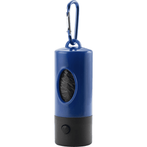 A blue and black waste bag dispenser with a clear window and a metal carabiner for attachment.
