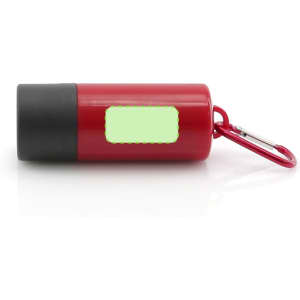 A red waste bag dispenser with a black bottom and a carabiner attached, featuring a blank area for branding.