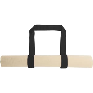 A beige tote bag rolled and secured with black straps. The bag has branding on it.