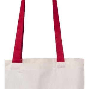 A tote bag featuring a cream body and vibrant red straps, with a logo present.