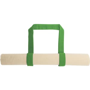 A rolled tote bag with green straps and a light beige body, featuring a logo.