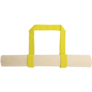 A cream tote bag with bright yellow handles, featuring a roll-up design and a simple branding logo.