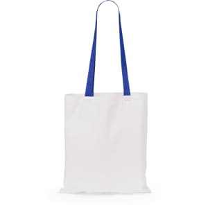 A white tote bag with blue handles and a simple design, featuring a logo on one side.