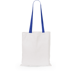 A white tote bag with blue handles and a simple design. The bag features a branding logo.