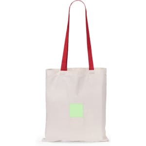 A canvas tote bag in cream with red straps and a square area for branding.