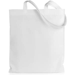 A reusable grocery bag in white, featuring two handles and a simple design, with a logo present.