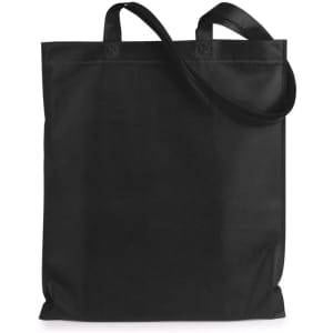 A black reusable grocery bag with two handles and a long strap. It features a logo on one side.