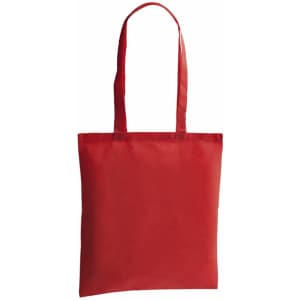 A red reusable grocery bag with two long handles and a plain, unembellished design.
