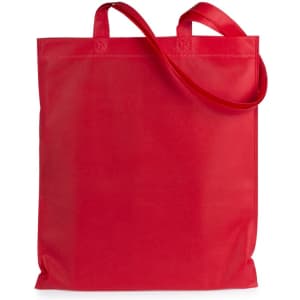 A red reusable grocery bag with two handles and a simple design, featuring a logo.
