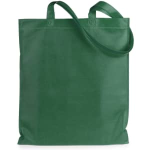A green reusable grocery bag with two handles and a simple design, featuring a branding logo.