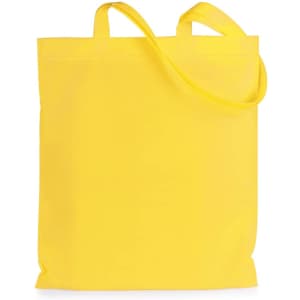 A bright yellow reusable grocery bag with two handles and a simple design. It features a logo on one side.