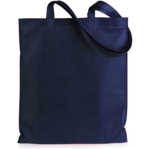 A navy reusable grocery bag with two handles and a plain design, featuring a logo on one side.