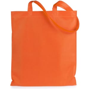 An orange reusable grocery bag with two handles and a simple design, featuring a logo.
