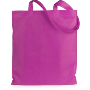 A bright pink reusable grocery bag with two straps and a large, spacious design. It features a logo on one side.