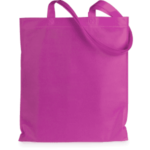 A reusable grocery bag in bright pink, featuring sturdy handles and a simple design. It has a logo present.