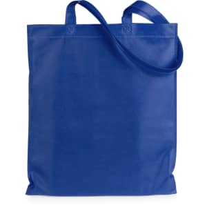 A blue reusable grocery bag with two handles and a spacious design, featuring a simple branding logo.