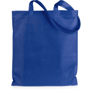 A blue reusable grocery bag with sturdy handles and a smooth texture, featuring a logo.