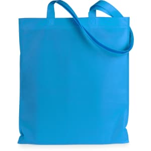 A bright blue reusable grocery bag with two handles and a simple design. The bag features a logo.