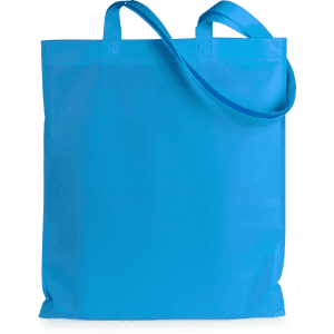 A blue reusable grocery bag with long handles and a simple design. It features a branding logo.