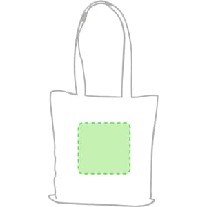 A white reusable grocery bag with green accents and a square area highlighted in the centre for branding or design.