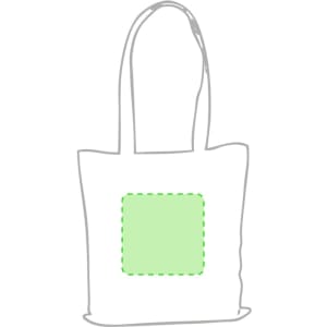 A white reusable grocery bag with green stitching and a square area for branding or designs.
