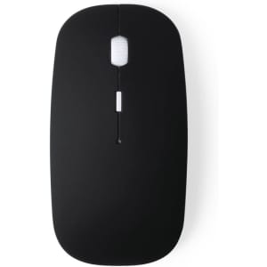A black computer mouse with a simple design and a white scroll wheel, featuring a logo on its surface.