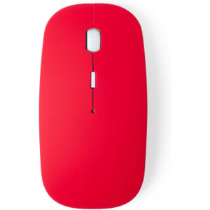 A red computer mouse with a smooth surface and a central scroll wheel. It features a logo on one side.