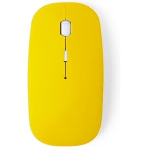 A yellow computer mouse with a scroll wheel, featuring a sleek design and a logo on the surface.
