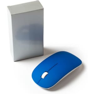 A blue wireless mouse displayed next to a plain white cardboard box. The mouse has a smooth, modern design.