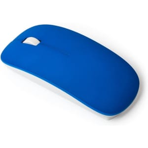 A blue computer mouse with a smooth finish and a single scroll wheel, featuring a logo.