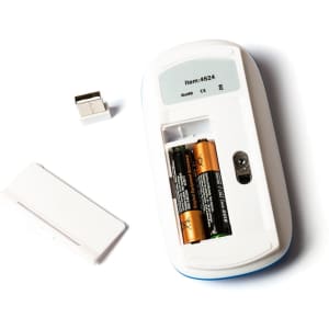A white computer mouse with a blue accent, revealing its battery compartment and a USB receiver attached.