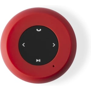 A round red speaker with a black control panel, featuring buttons for playback and a call function.
