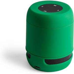 A green Braiss Speaker with a rounded design and control buttons on the top. It has a textured mesh bottom.