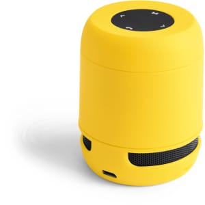 A yellow Braiss Speaker with a round shape and control buttons on top, featuring a mesh speaker grille at the bottom.