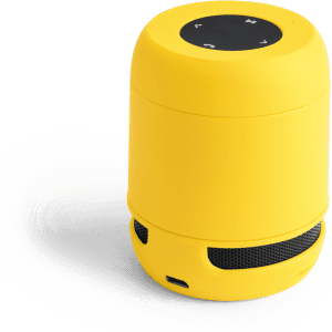 A yellow Braiss Speaker with a rounded design, featuring control buttons on top and a mesh speaker grill at the bottom.