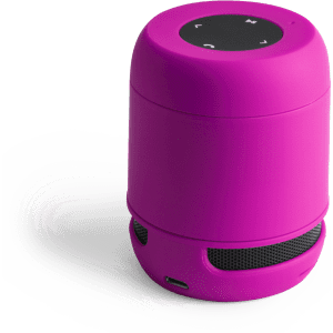 A pink Braiss Speaker with a rounded design, featuring control buttons on top and a mesh speaker grille at the base.